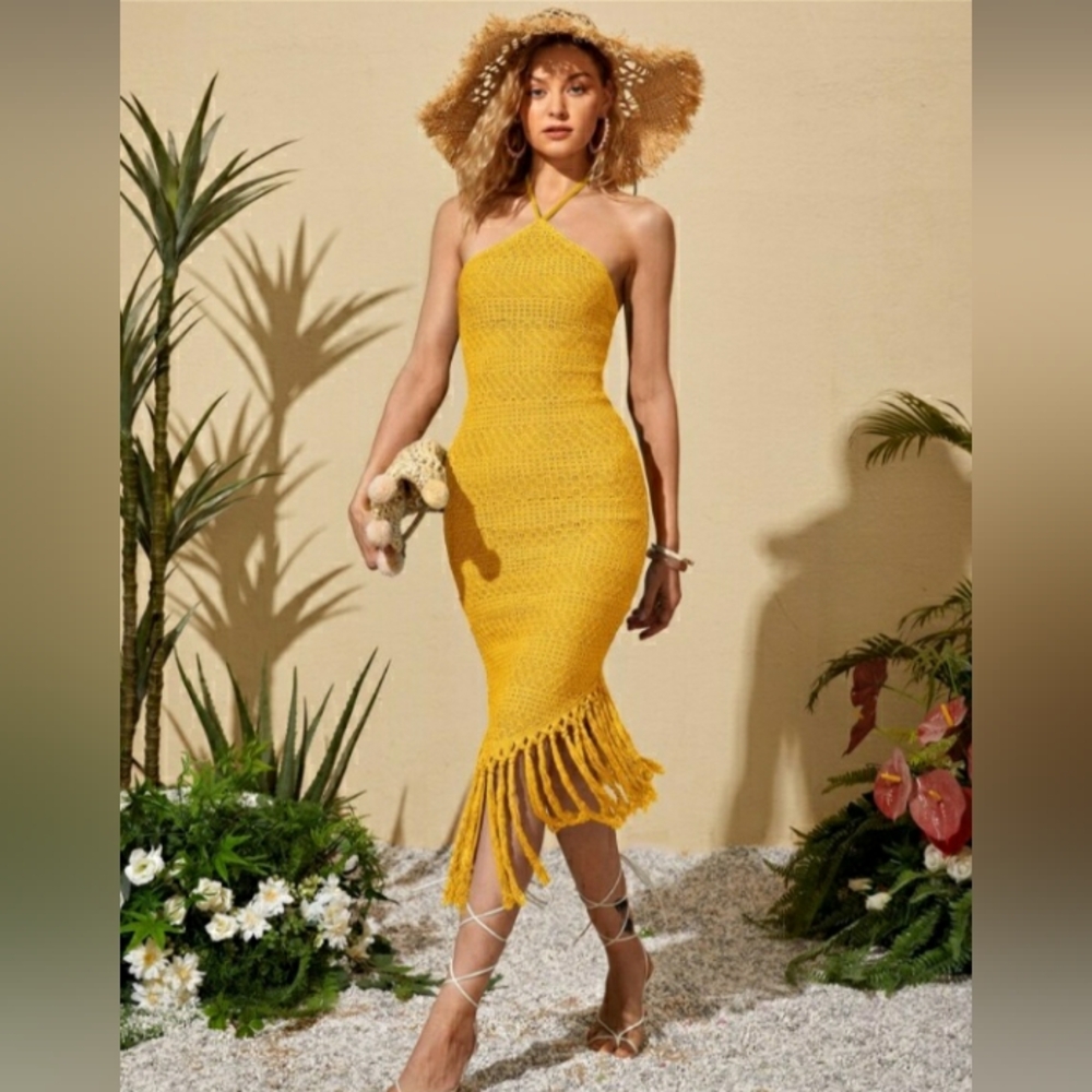 Travachic Tie Backless Tassel Tie Mesh Halter Dress
Size XL